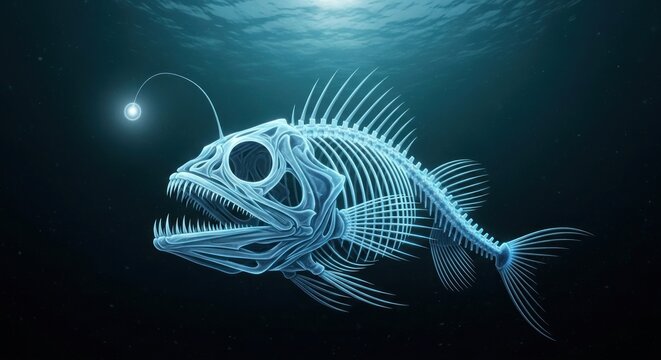 Bioluminescent Anglerfish Skeleton Underwater Ocean.