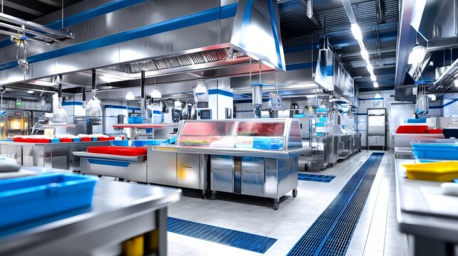 Modern commercial kitchen interior with stainless steel appliances and ventilation