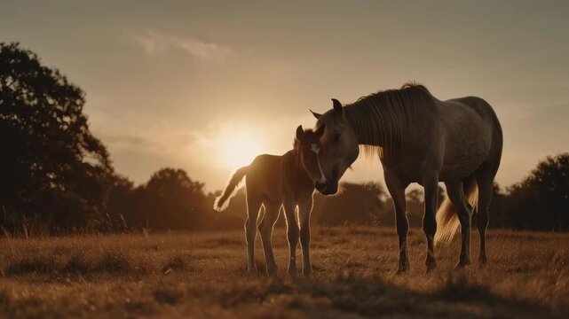 Horses and dogs interact in a field during sunset in a rural area with a warm golden light