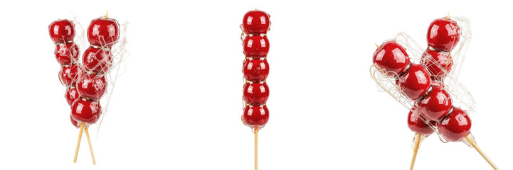Candied hawthorn tanghulu skewer specimen displaying structural culinary parameters, organic material chemical components, processing features within standard food science reference archive data. © Zakir