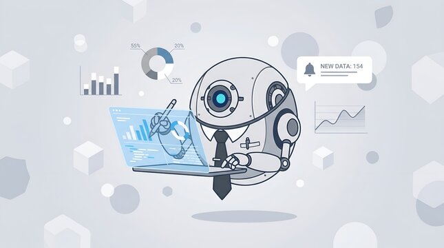 AI robot in a tie analyzing business data charts on a digital screen for automation and financial intelligence.