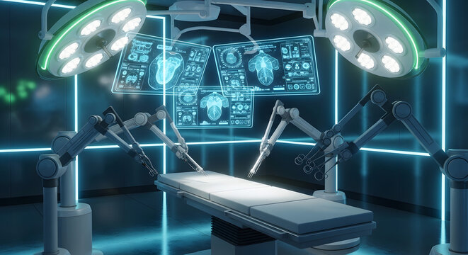 Robotic surgery team prepares for operation in futuristic hospital operating room with medical technology