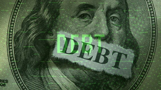 Close up of a hundred dollar bill featuring Benjamin Franklin covered by a torn debt paper slip and digital glitch text.