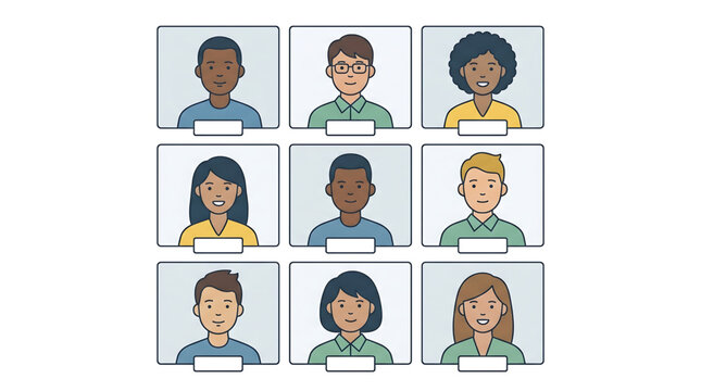 Video conference call with diverse people in a 3x3 grid layout