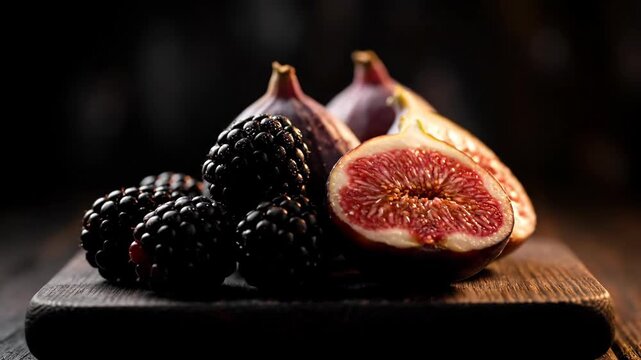 Blackberries and figs on rustic wood with soft light