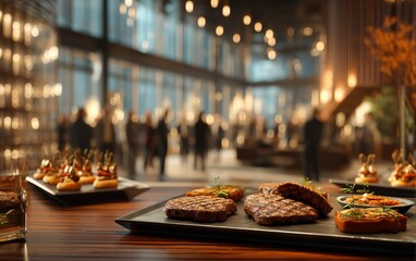 Naklejka premium Gourmet grilled steak and appetizer on black plate at elegant event setting