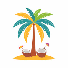 Obraz premium Tropical Palm Tree with Coconut Drinks on Sandy Island