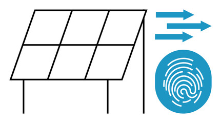 Renewable energy, solar power, cybersecurity, sustainability, green technology, environmental innovation. A solar panel with arrows energy and a fingerprint. Renewable energy and sustainability focus © robu_s