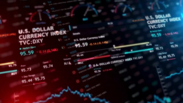 US Dollar Currency Index ticker displaying exchange rates and market analysis data.