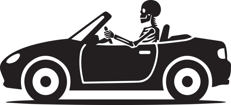 Minimalist silhouette of a skeleton driving a small convertible car, side view, clean bold vector,