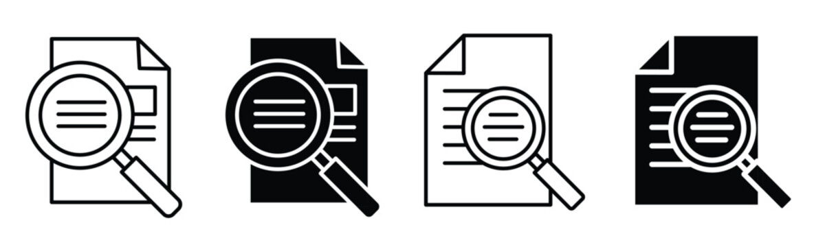 Set of document search icons. Find file magnifying glass research audit inspect paper symbol. Review text page analyze folder interface pictogram collection. Flat outline solid filled style.