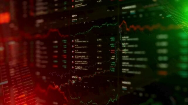 Dark digital interface displaying government bonds and stock list charts with neon lines.