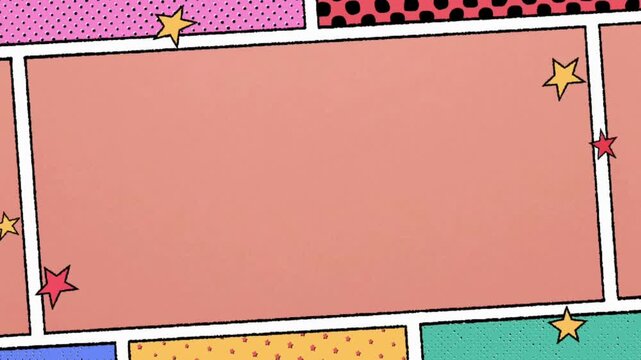 Pop art comic background with blank text panel, vibrant patterns, and scattered stars, perfect for dynamic creative projects or custom graphic design