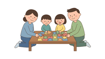 Fototapeta premium Family doing a jigsaw puzzle together on a table, vector illustration