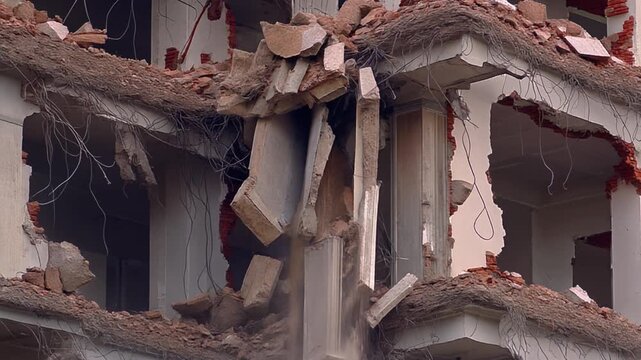 Building implosion with falling concrete debris and rising dust clouds