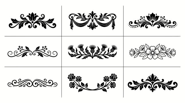 Set of vintage floral decorative dividers and ornaments