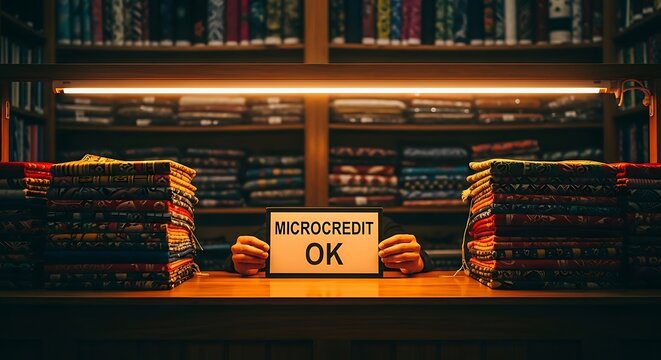 Microcredit sign displayed between stacks of colorful fabrics in a dim boutique. Hands hold the message under a warm glow. Ideal for microfinance and economic empowerment marketing.