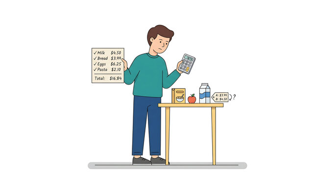 A man looking confused at a grocery receipt and calculator while trying to figure out the price of items on a table