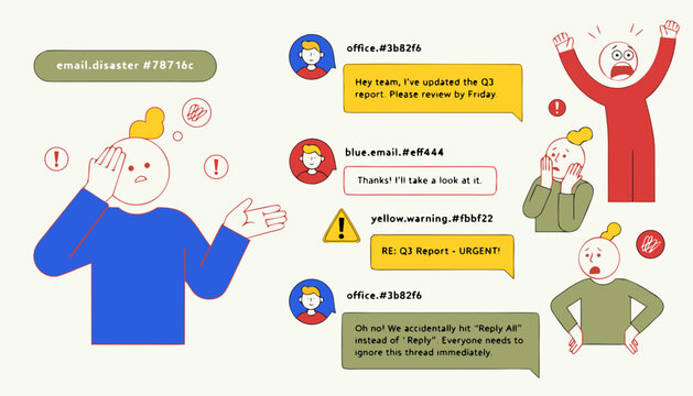Stressed office workers panicking over accidental reply all email mistake