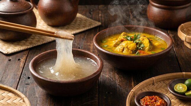 Lifting Sticky Sago Papeda with Wood Chopsticks Traditional Indonesian Food