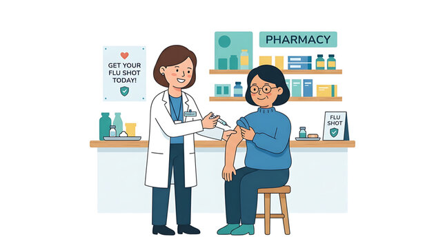 Pharmacist giving a flu shot to an elderly woman in a pharmacy