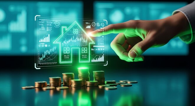 Real estate investment hologram glows over gold coins on a dark reflective surface. Professional hand interacts with digital property data. Ideal for mortgage lending marketing.