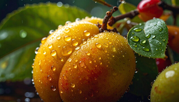 Fresh Ripe Fruit With Raindrops