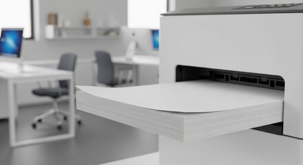 Fototapeta premium Modern office printer with freshly printed paper in contemporary workspace. concept of office efficiency, technology in business, document production