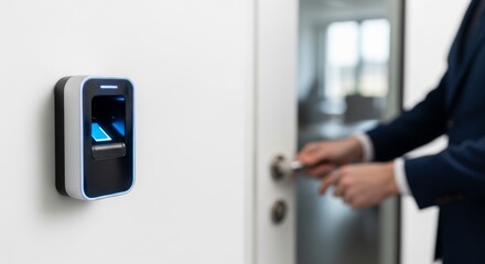 Naklejka premium Secure home access with modern biometric fingerprint scanner on wall near locked door. concept of keyless entry, home security, modern technology