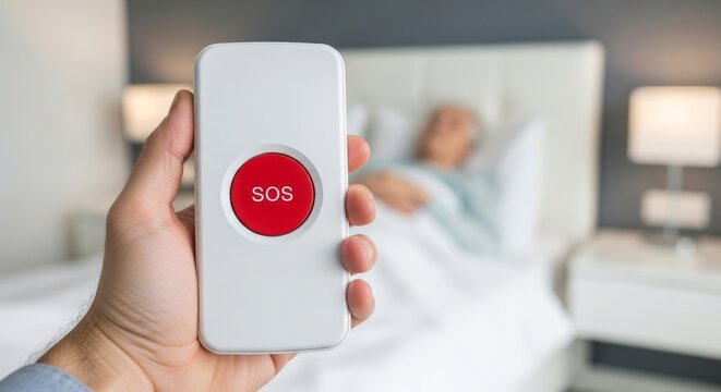 Closeup of adult hand holding emergency sos button in hospital room. concept of urgent medical assistance, patient care, healthcare technology, copy space