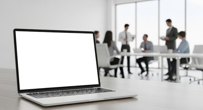 Blank laptop screen on office meeting table in modern corporate workspace. concept of business technology, professional environment, digital workspace, mockup, copy space