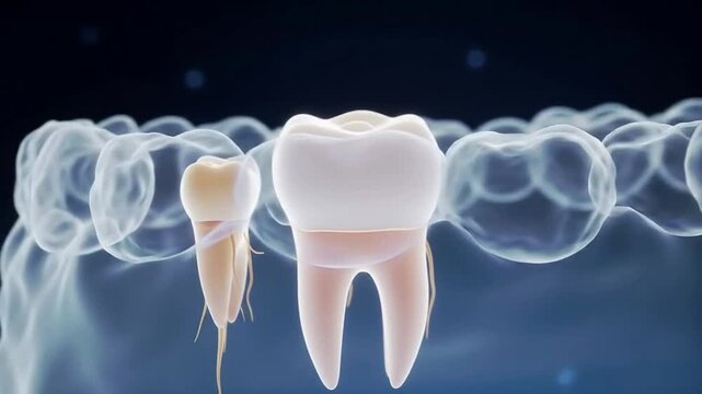 Detailed 3D Animation Illustrating Human Teeth Anatomy Including Healthy And Decayed Tooth Structures Against A Solid Blue Background For Medical And Dental Education