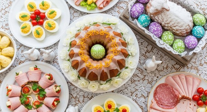 Festive Easter bundt cake and holiday spread with decorated eggs, ham rolls, and deviled eggs on a lace tablecloth