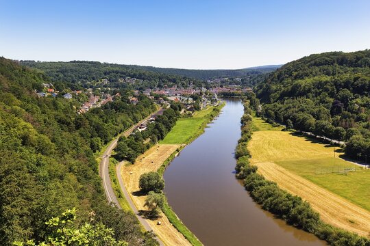 View from the Skywalk on the Weser towards Bad Karlshafen, Beverungen, H&ouml;xter, East Westphalia, Weserbergland, North Rhine-Westphalia, Germany