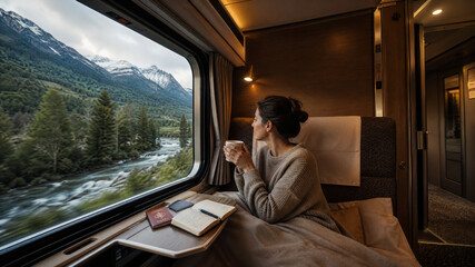Fototapeta premium Woman enjoys scenic train journey through majestic mountains and lush green valleys