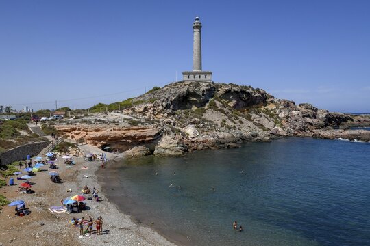 Calafr&iacute;a beach and lighthouse at Cabo de Palos, near La Manga del Mar Menor, Murcia province, Costa C&aacute;lida, Spain