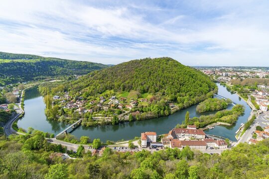 Loop of the river Doubs around the hill of Chaudanne, view from the World Heritage Site of the Citadel of Besan&ccedil;on, city of Besancon, Burgundy-Franche-Comt&eacute;, France