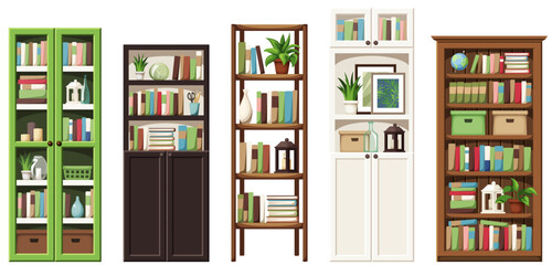 Bookcases. Set of bookcases and bookshelves with books isolated on a white background. Home furniture set. Cartoon vector illustrations © naddya