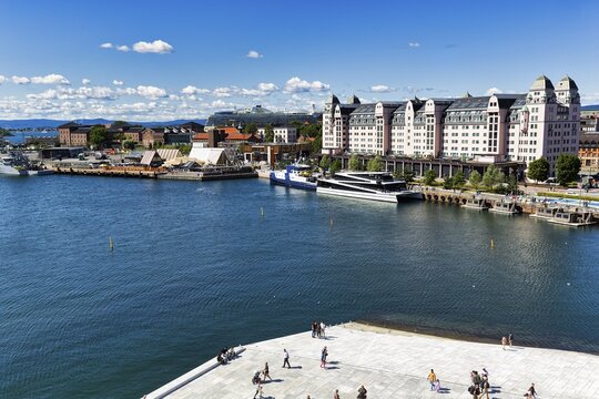 View from above of Oslofjord and jetty with harbour warehouse, forecourt of the opera, Bj&oslash;rvika district, Bjorvika, Oslo, Norway