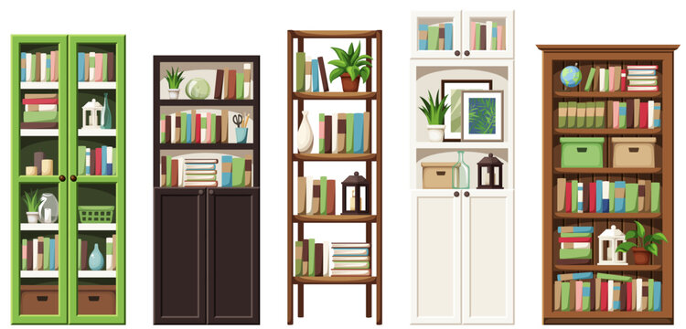Bookcases. Set of bookcases and bookshelves with books isolated on a white background. Home furniture set. Cartoon vector illustrations