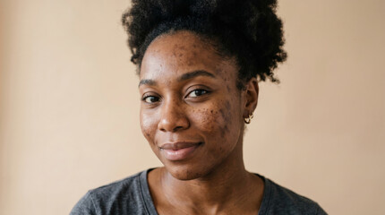 Obraz premium Young african american woman with hyperpigmentation and age spots, close-up portrait showcasing natural beauty and skin diversity