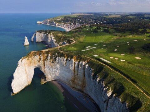 Aerial view, rocky coast, cliff, chalk cliffs, Manneport, Porte dAval and the Aiguille, &Eacute;tretat, Etretat, Alabaster Coast, La C&ocirc;te dAlb&acirc;tre, English Channel, Seine-Maritime, Normandy, France