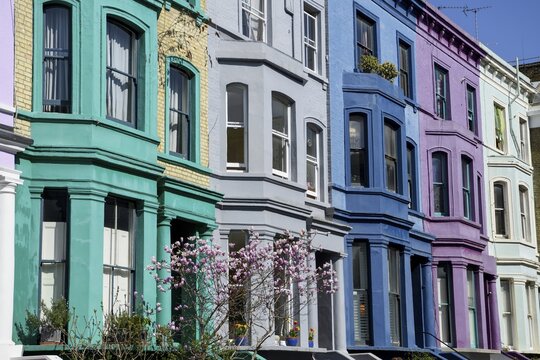 Colourful house facades on Lancaster Road, detail, Notting Hill, London, England, United Kingdom