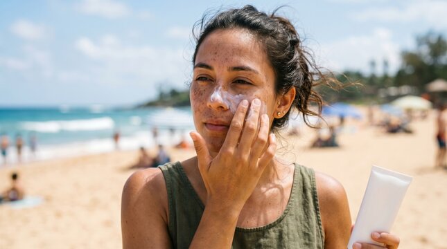 Young hispanic woman applying sunscreen on a sunny beach to prevent hyperpigmentation and age spots. concept of skincare, sun protection, healthy skin routine