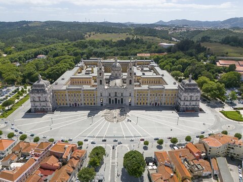 Aerial view of a historic palace in baroque style, surrounded by green vegetation and old building structure, Aerial view, Palace, Pal&aacute;cio Nacional de Mafra, Lisbon, Lisboa, Portugal