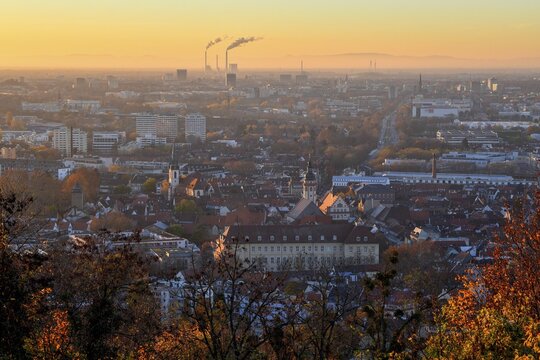 View from the Turmberg towards Durlach with town church and town hall, in the background the city of Karlsruhe, autumn, Karlsruhe, Baden-W&uuml;rttemberg, Germany