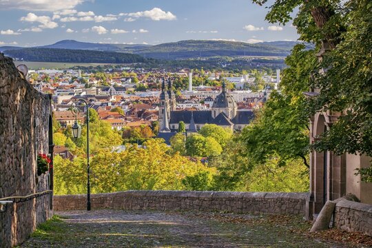 Old Way of the Cross to Frauenberg with view of St. Salvator's Cathedral and the town in early autumn, Fulda, Fulda River, Rh&ouml;n, Eastern Hesse, Hesse, Germany