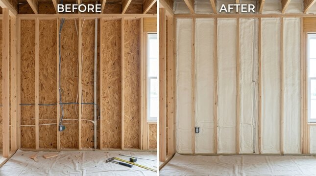 Before and after comparison of spray foam insulation in residential wood wall stud frame. Professional home energy efficiency improvement and thermal barrier upgrade for building renovation