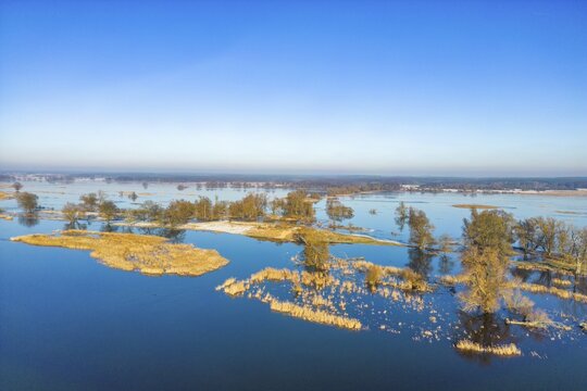 Aerial view, drone photo: Flood, flooded meadows in the floodplains along the river Oder, Gro&szlig; Neuendorf, Oderbruch, Brandenburg, Germany