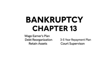 Obraz premium Informational graphic explaining Chapter 13 bankruptcy, detailing wage earner's plans, debt reorganization, and repayment terms. Professional financial and legal education design.